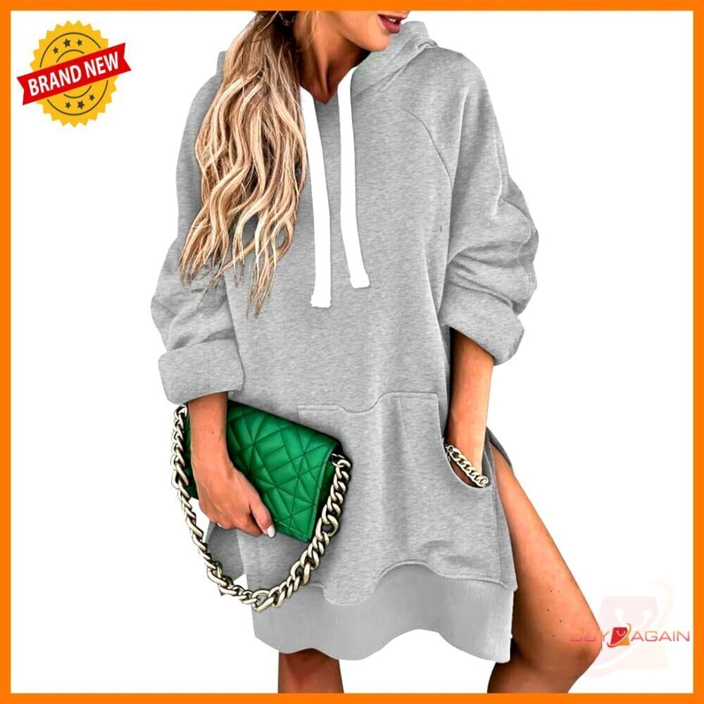 Oversized Hoodie Dress Split Hem Drawstring Casual Pullover Long Sleeve